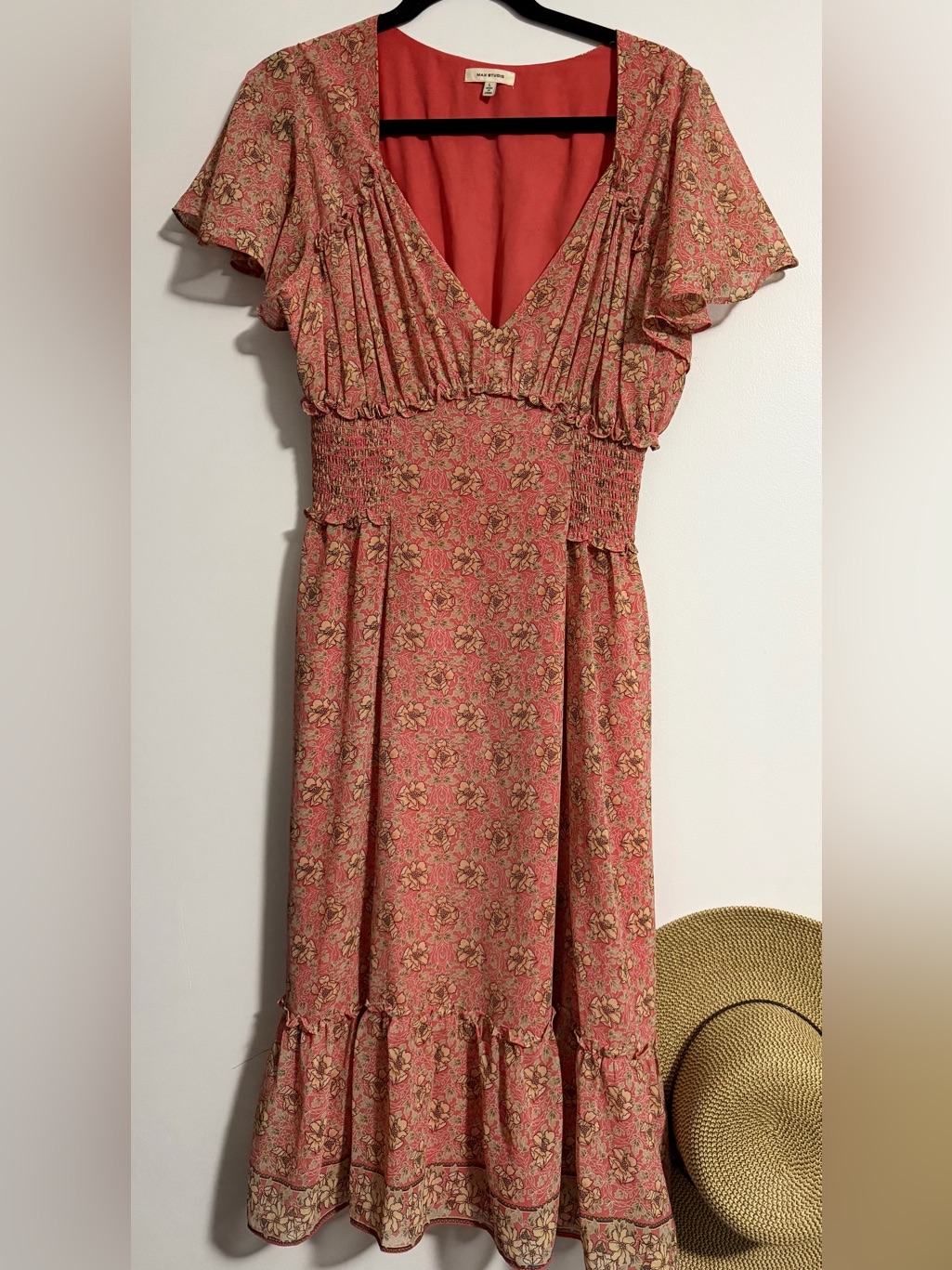Maxstudio Flutter Slv Peach Floral V-Neck Smocked Waist Ruffles Euc